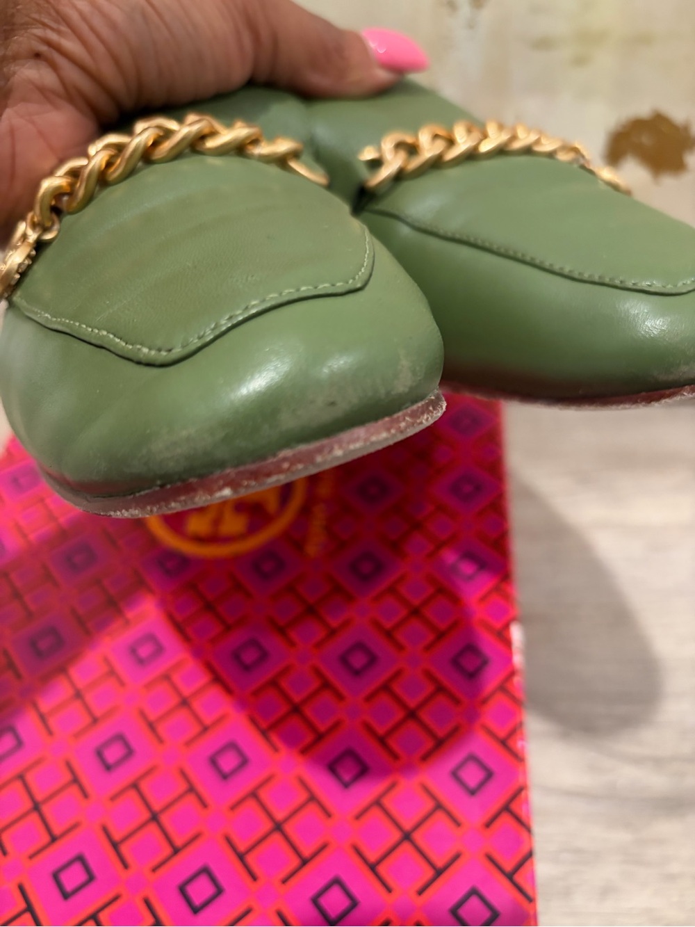 Tory Burch Olive Green Chain-Trim Loafers - Picture 5 of 8
